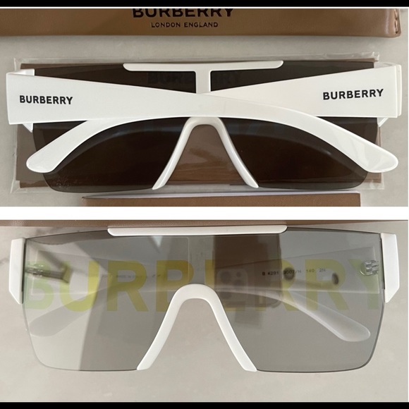 BURBERRY SHIELDS WITH SILVER & GOLD BURBERRY WRITTEN ON MIRROR LENSES SUNNIES - Picture 3 of 16